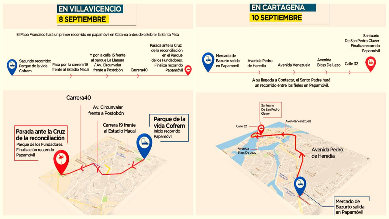 Conozca las vías por la que pasará el Papa Francisco en Villavicencio y Cartagena